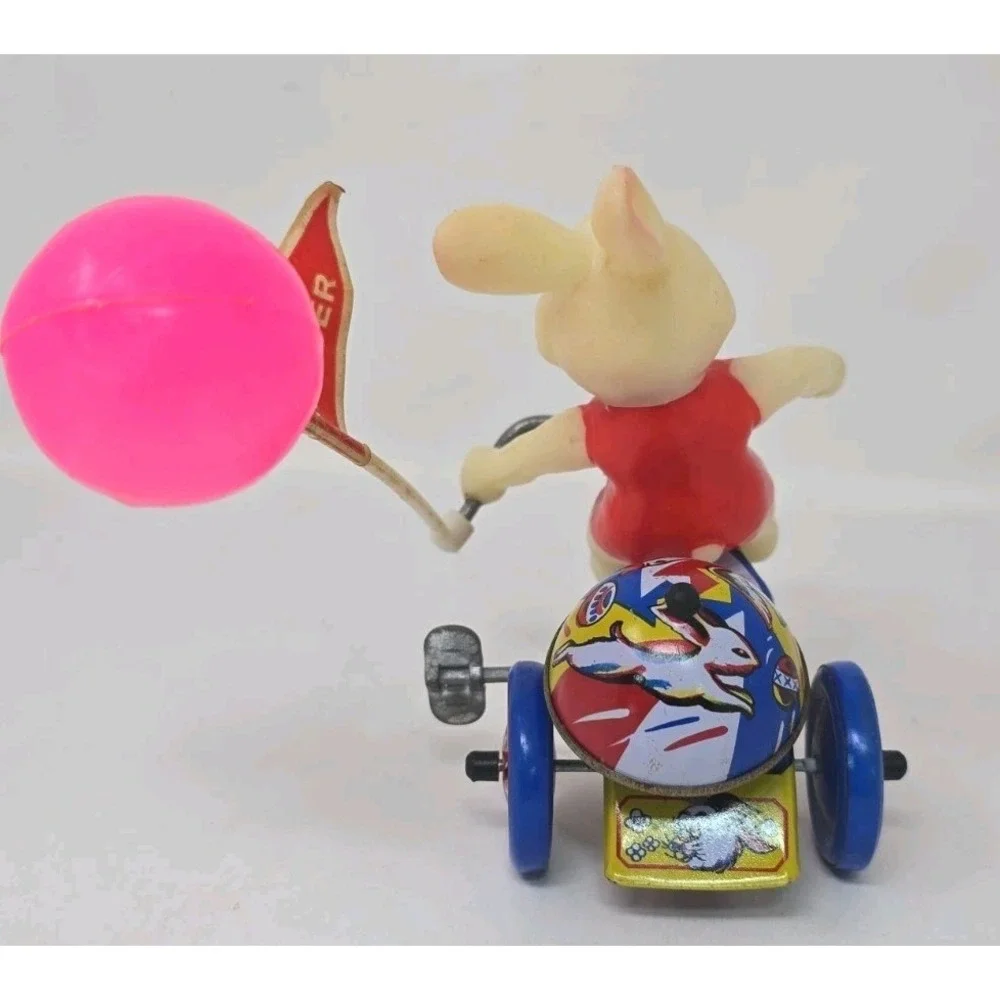 Mechanical Wind Up Tin Easter Bunny Rabbit On Tricycle Toy clean Working PB196